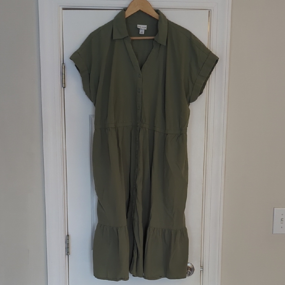 Olive Green Button-Down Midi Dress